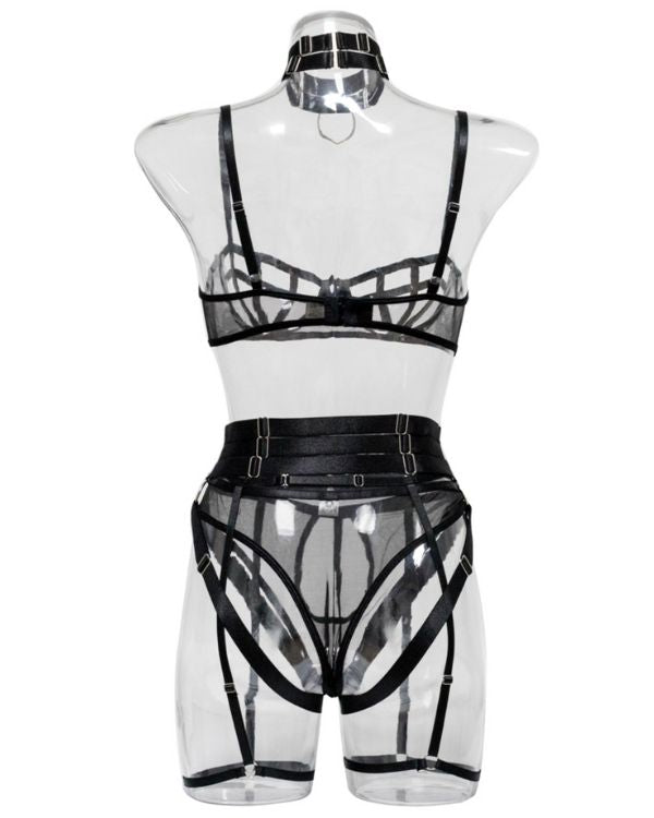 Heisses schwarzes Lingerie im Kinky BDSM Look mit breitem Taillengurt und Metallkreisen 