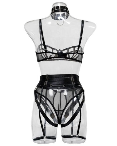 Heisses schwarzes Lingerie im Kinky BDSM Look mit breitem Taillengurt und Metallkreisen 