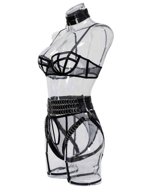 Sexy Kinky Dessous Set aus Riemen Streifen Baendern BH, Taillengurt mit Beinketten 