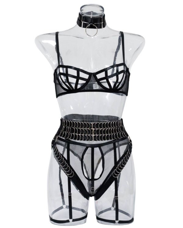 Riemen Baender Dessous BDSM Look Set mit Choker Halskette, transparentem BH und String Tanga