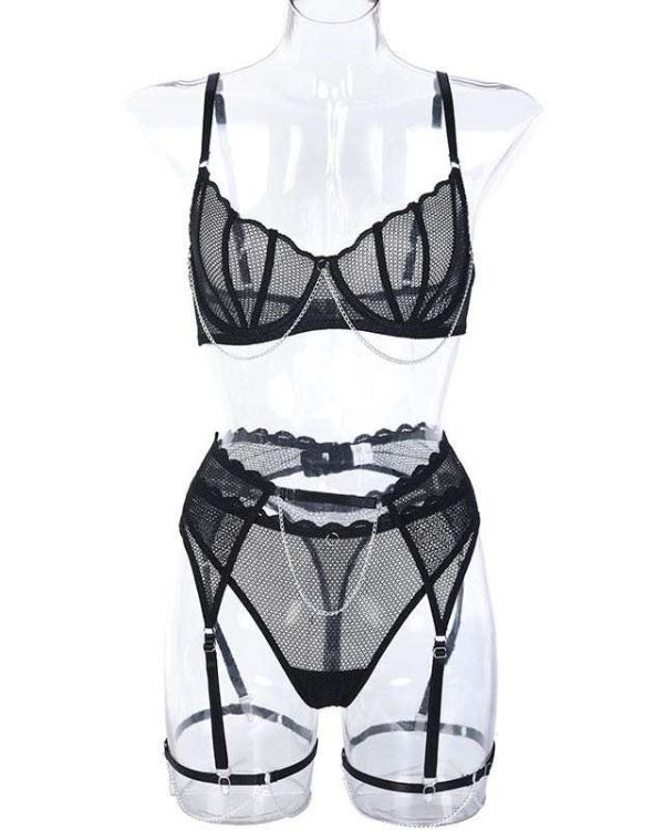 Spitzen Dessous Lingerie Set aus Mesh Stoff mit BH, Strapsen Halterung und String Tanga - Schwarzes Erotik Dessous Set mit Ketten