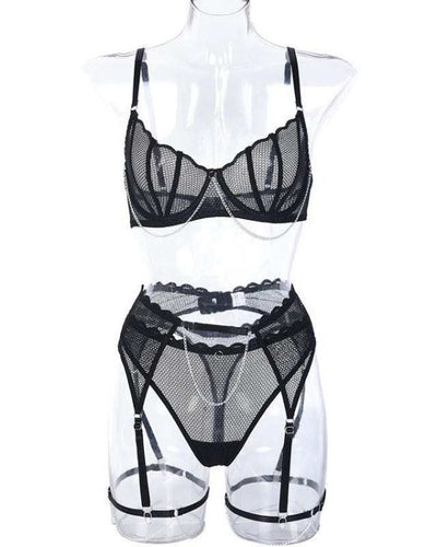 Spitzen Dessous Lingerie Set aus Mesh Stoff mit BH, Strapsen Halterung und String Tanga - Schwarzes Erotik Dessous Set mit Ketten