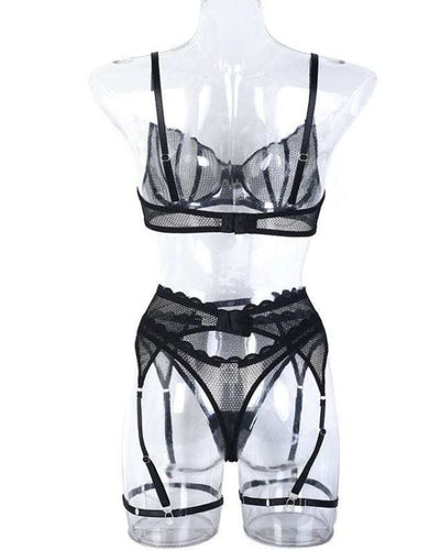 Schwarzes Damen Dessous Set aus Mesh Cut-Out Stoff mit Gliederketten und verstellbaren Traegern 
