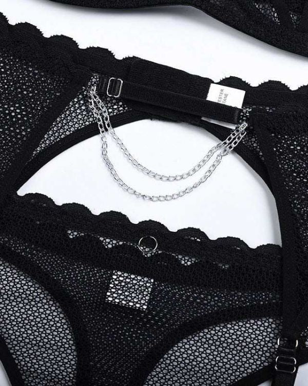 Erotisches Damen Lingerie Set mit Strapsen Halterung und Gliederketten 