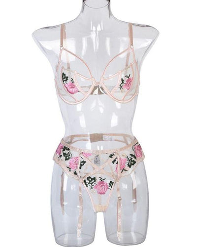Dessous Lingerie kaufen - Strapsen Halterung und Mesh Bra und String mit Rosen Stickerei