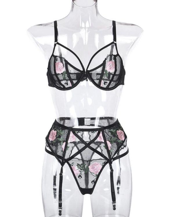 Schwarzes Lingerie Set mit Strapsen Halterung und Rosen Stickerei