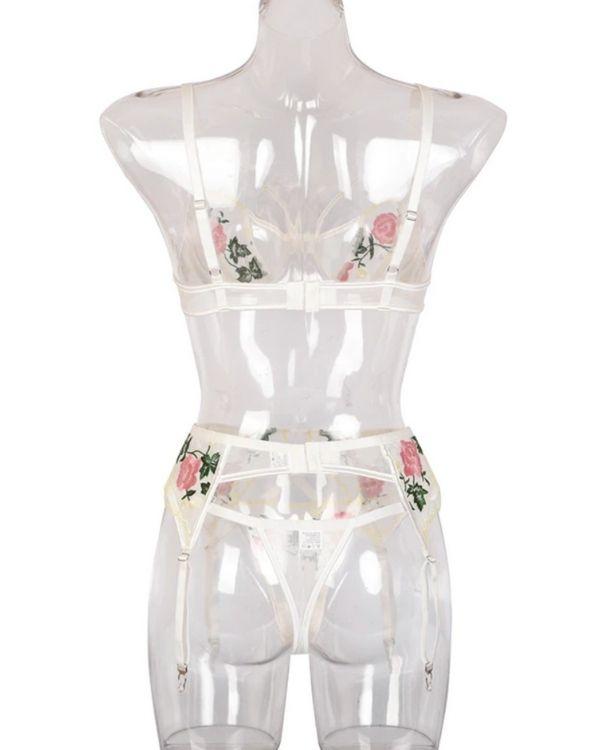 Dessous Lingerie Set mit Strapsen Halterung und Rosen Motiven