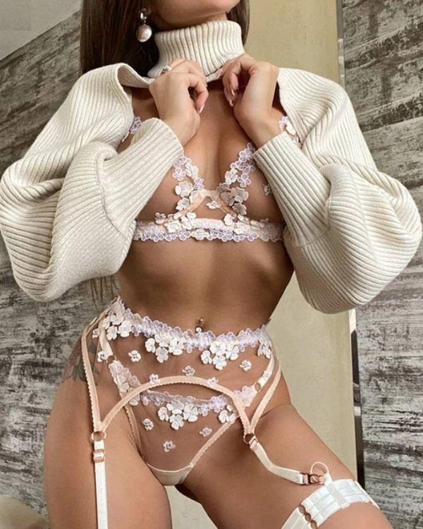 Verspielte Blumen Lingerie Dessous Set mit Strapsen Halterung - Sexy Dessous Schweiz kaufen