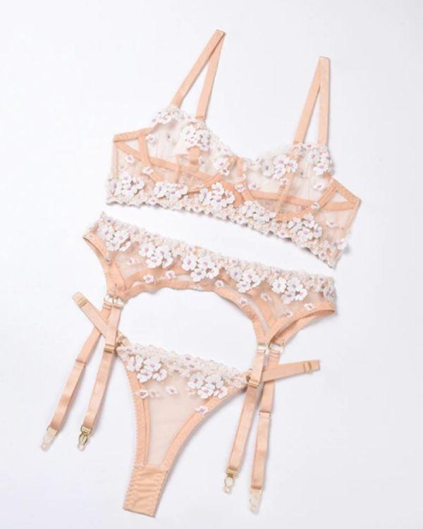 Dessous Lingerie Reizwäsche Beige transparent mit weissen Blumen Stickereien