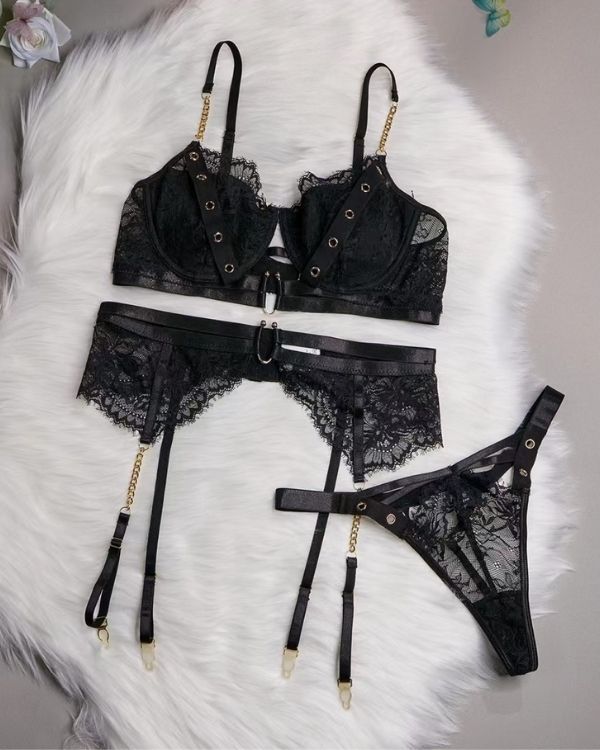 Schwarzes Dessous Lingerie Set aus Spitzen Floral Lace Stoff - Set aus 3 Teilen 
