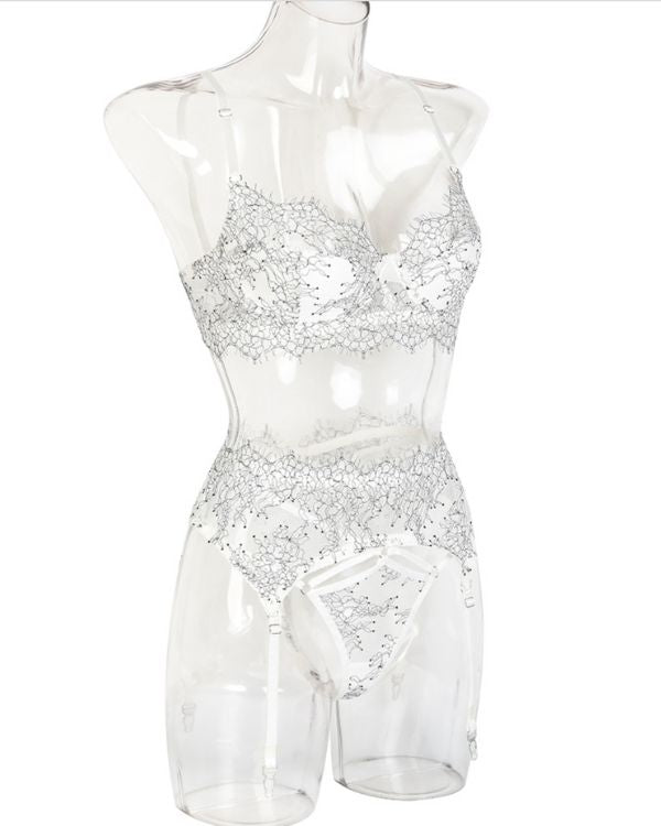 Weisse Spitzen Reizwaesche Dessous Set aus BH, Strapsen Halterung und String Tanga