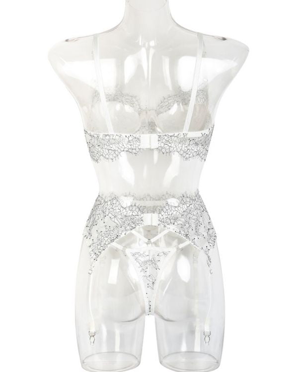 Spitzen Dessous Set aus BH, String Tanga und Strapsen Halterung