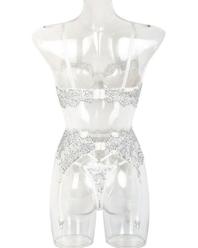 Spitzen Dessous Set aus BH, String Tanga und Strapsen Halterung