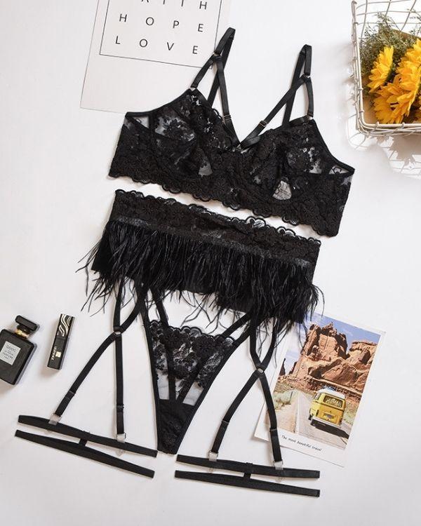 Schwarzes Bandage Style Strapsen Set Lingerie Dessous