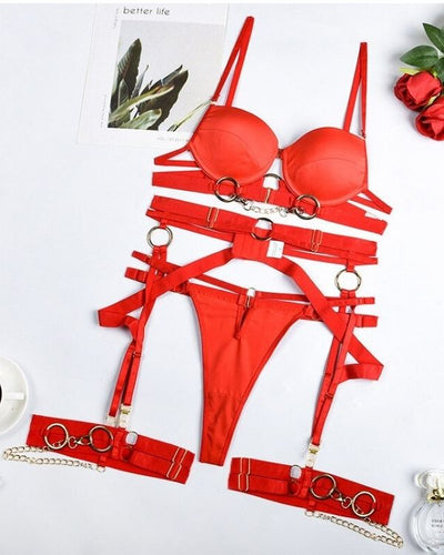 Rotes Damen Dessous Set mit BH, String und Strapsen Bondage Halterung