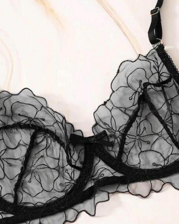 Schwarzer Mesh transparenter BH mit Blumen Stickereien und Masche