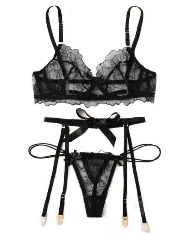 Dessous Lingerie Set aus 3 Teilen - BH Mesh transparent mit String Tanga und Strapsen Halterung mit schwarzer Masche