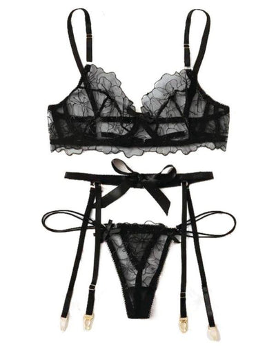 Dessous Lingerie Set aus 3 Teilen - BH Mesh transparent mit String Tanga und Strapsen Halterung mit schwarzer Masche