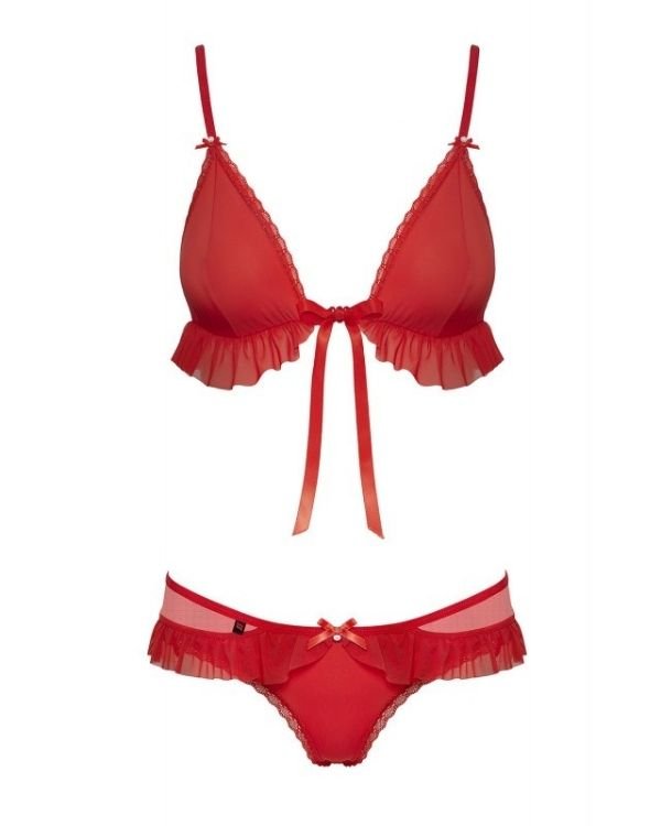 Rotes Dessous aus Ruffeld BH und suessem Hoeschen mit Mesh transparentem Stoff