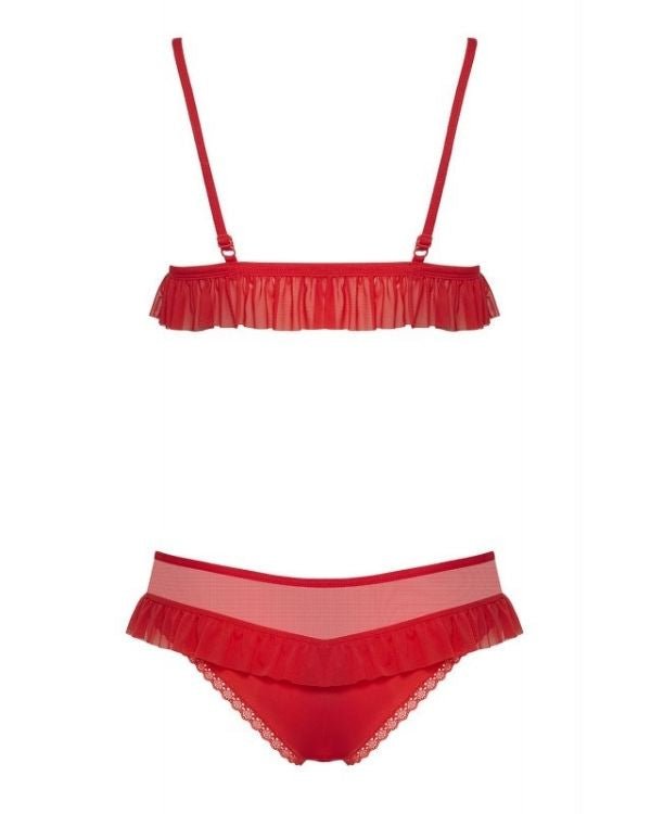 Rotes erotisches Dessous Set aus Ruffeld BH und passendem String Tanga mit Ruffeld 
