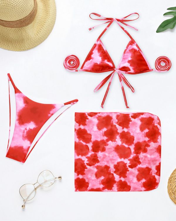 Dreiteiler Bikini Set mit Triangel und High-Waist Badehose mit Pareo Rock dazu