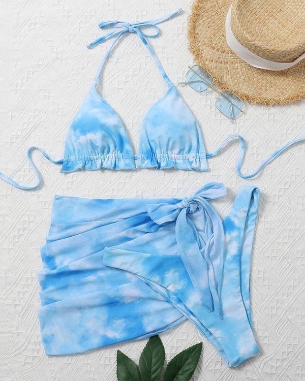 Dreiteiler Bikini Set aus Triangel Oberteil und Brazilian Bikinihose mit passendem Mesh Rock