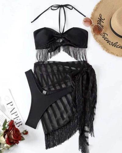 Schwarzes Fransen Bikini Set aus drei Teilen 