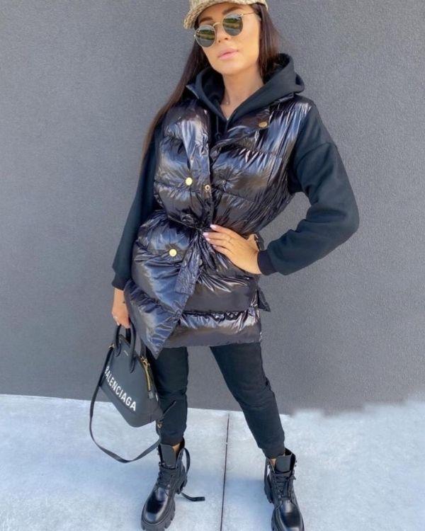 Dreiteiler Tracksuit Jogginghose Kapuzen Hoodie und halblange Bomber Weste - Damen Herbst Winter Set in schwarz 