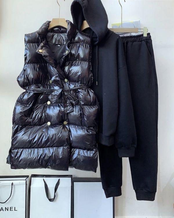 Damen Winter Herbst Set - Zweierset Tracksuit drei Teile - Jogginghose Hoodie und Gilet Weste in schwarz