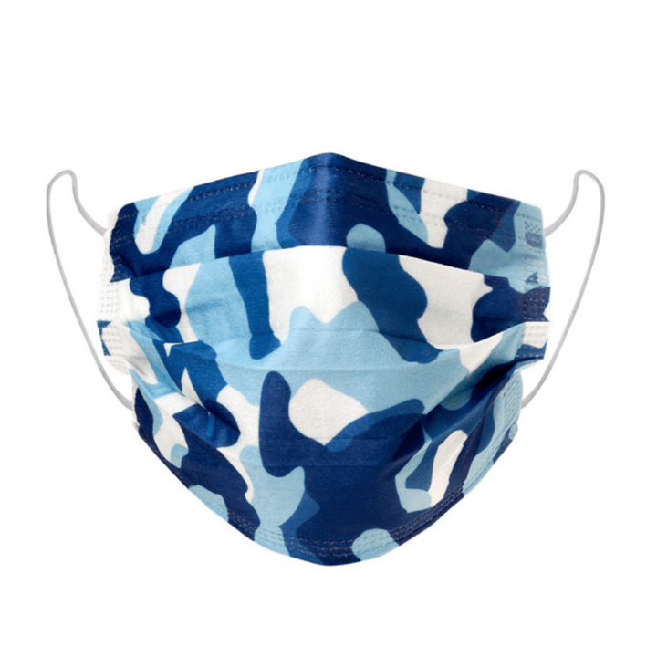 blau-weisse Einwegmasken mit Camouflage Militär Muster für Erwachsene