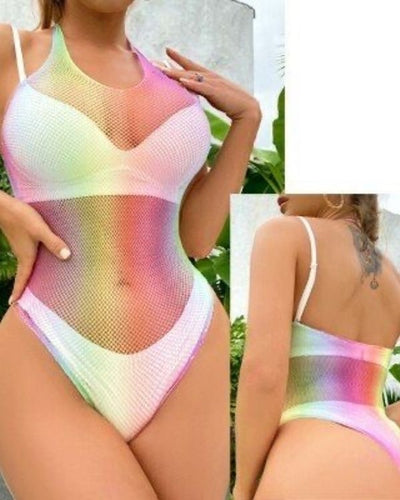 Regenbogen Farbige Netz Bodysuit mit buntem Farbverlauf 