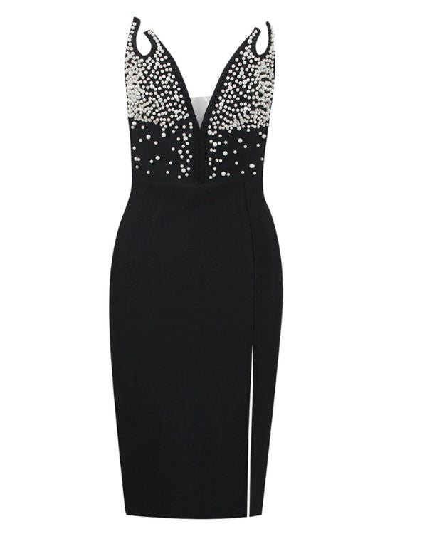 Elegantes halblanges Damen Kleid Schulterfrei mit Perlen auf der Vorderseite - Kleid mit Schlitz auf der Seite