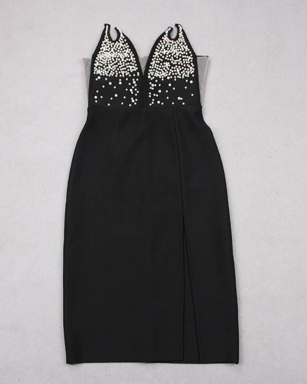 Schwarzes hoch qualitatives Damen Abendkleid mit Schlitz auf der Seite und Perlen Design