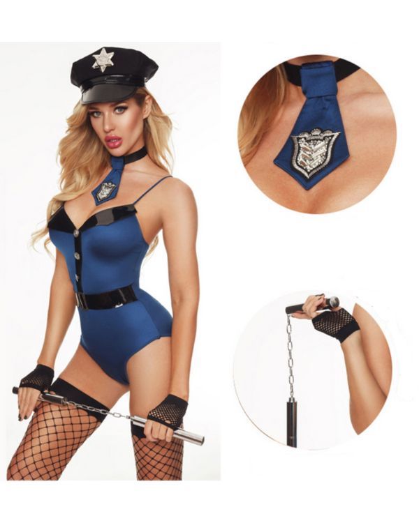 Erotisches Sexy Damen Polizei Kostuem Bodysuit mit Krawatte, Peitsche, Polizeihut und Netzstruempfe
