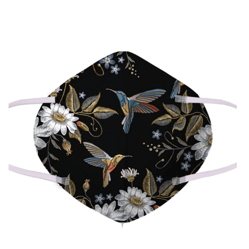 Schwarze Schutzmaske mit Paradiesvogel und Blumen Motiven - Stillvolle Mund-Nasen-Bedeckung