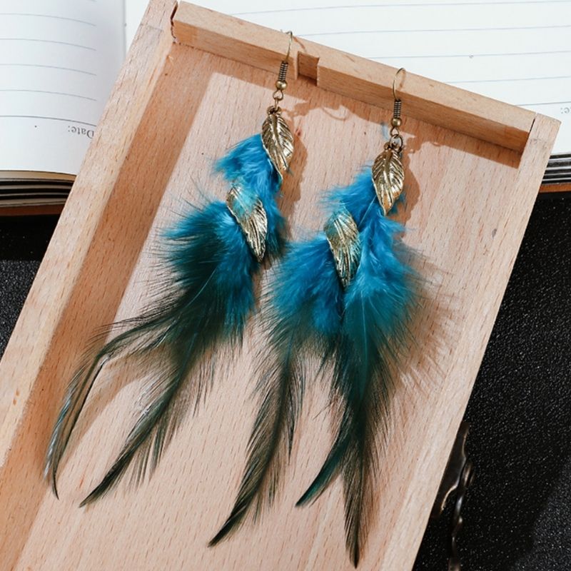 Blau Gruene Feder Ohrringe mit Bronzegoldenem Blatt - Blaue Federschmuck Ohrringe 