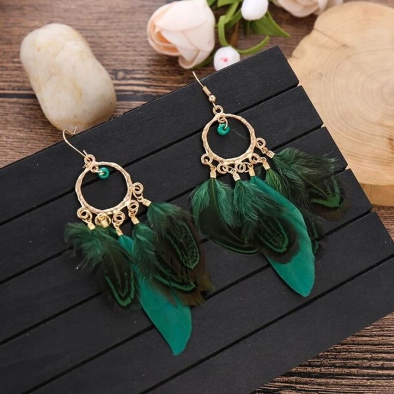 Gruene Goldene Federohrringe Ohrringe Modeschmuck Boho Hippie Style