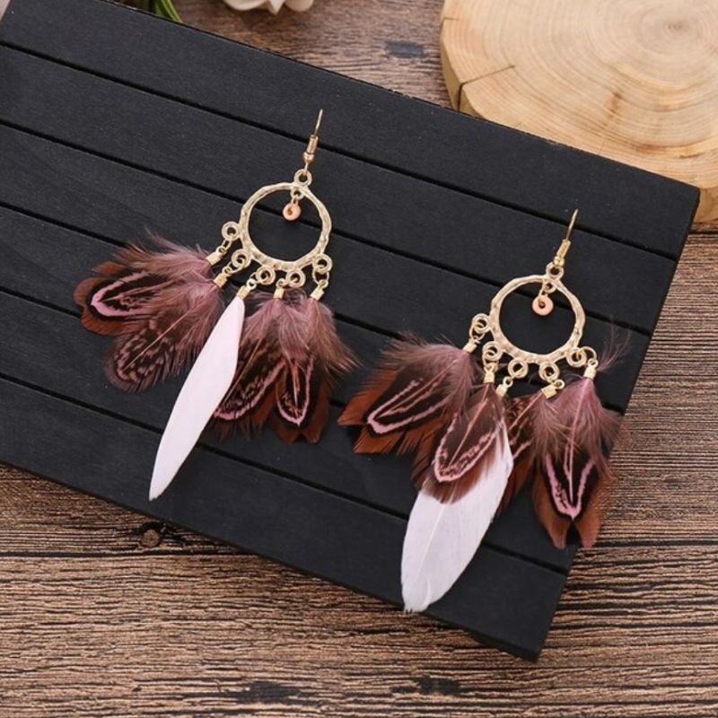 Boho Hippie Ohrringe Federohrringe Federn gold weiss braun