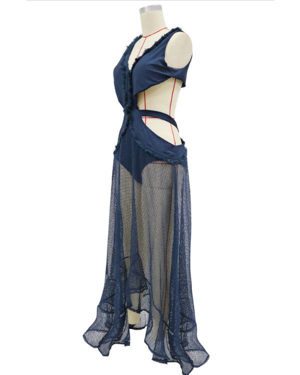 Dunkelblaues Cut-Out Hollow Hippie Festival Kleid ohne Aermel