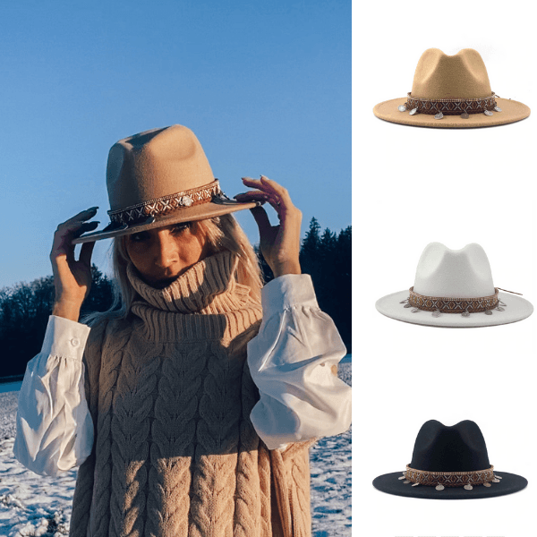 Strohhut Panamahut Damen Hut | Hut mit Kettenverzierung Kettendesign im Bohemian Hippie Ethno Style | Damen Hut Accessoires | Bohemian Kopfbedeckung 
