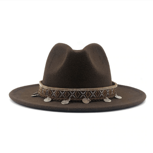 Strohhut Panamahut Damen Hut | Hut mit Kettenverzierung Kettendesign im Bohemian Hippie Ethno Style | Damen Hut Accessoires | Bohemian Kopfbedeckung | Filzhut braun