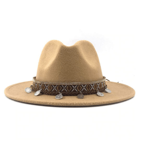 Strohhut Panamahut Damen Hut | Hut mit Kettenverzierung Kettendesign im Bohemian Hippie Ethno Style | Damen Hut Accessoires | Bohemian Kopfbedeckung | Filzhut beige