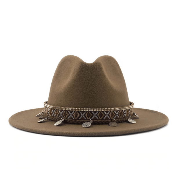 Strohhut Panamahut Damen Hut | Hut mit Kettenverzierung Kettendesign im Bohemian Hippie Ethno Style | Damen Hut Accessoires | Bohemian Kopfbedeckung | Filzhut khaki