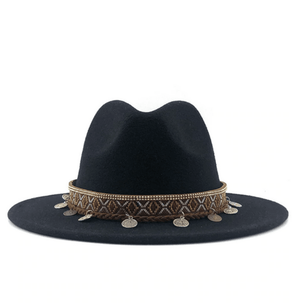 Strohhut Panamahut Damen Hut | Hut mit Kettenverzierung Kettendesign im Bohemian Hippie Ethno Style | Damen Hut Accessoires | Bohemian Kopfbedeckung | Filzhut schwarz