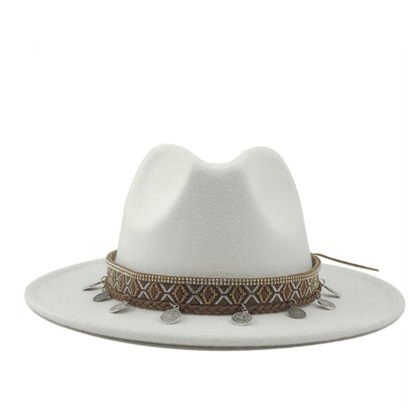 Strohhut Panamahut Damen Hut | Hut mit Kettenverzierung Kettendesign im Bohemian Hippie Ethno Style | Damen Hut Accessoires | Bohemian Kopfbedeckung | Filzhut weiss