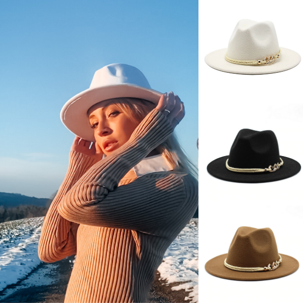 Strohhut Panamahut Filzhut Damenhut | Kopfbedeckung mit Kettenverzierung | Hoher Damen Hut mit goldenem Kettendesign | Fashion Bohemian Accessoires 