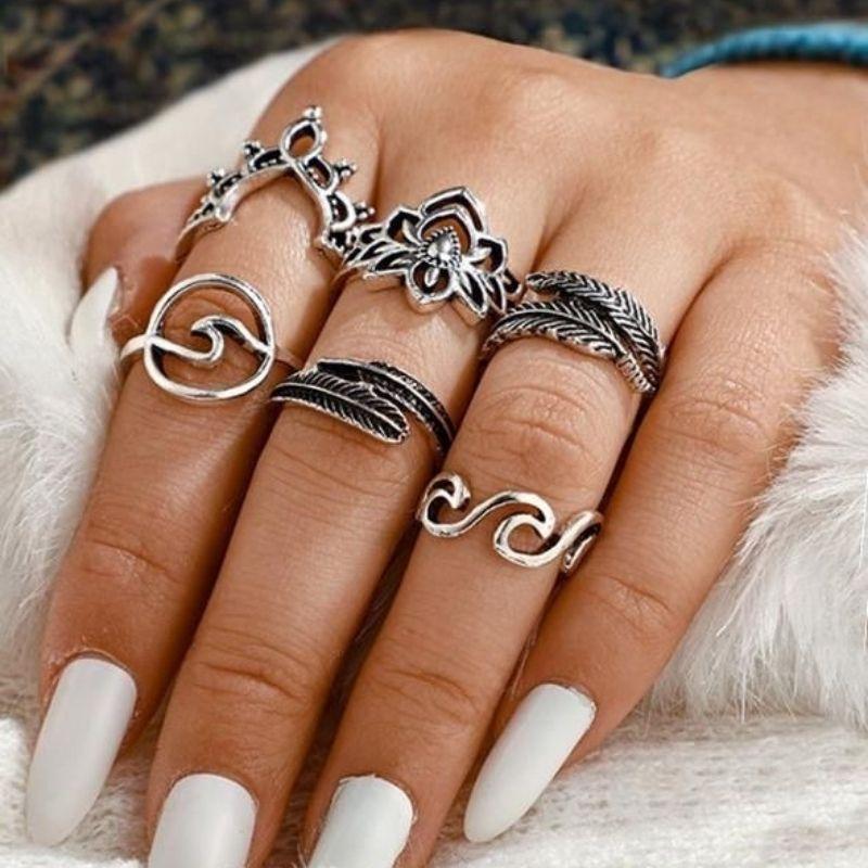 Fingerringe Set mit Wellen und Lotus Symbol - Boho Ring Sets Schweiz