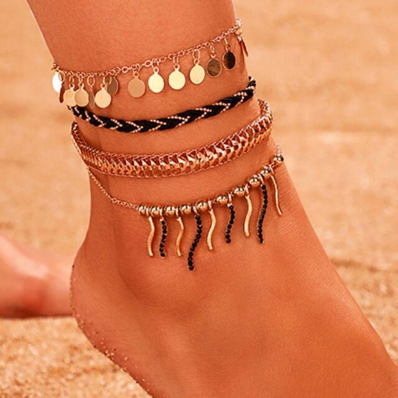 Fussketten Set Boho Style Fusskettchen in gold schwarz gemischt