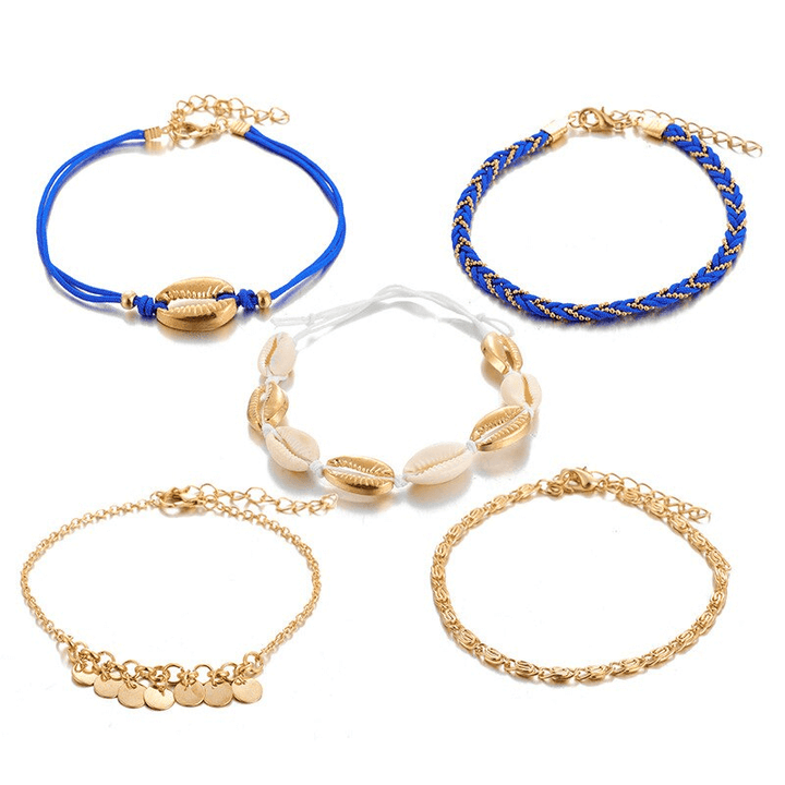 5 diverse Ketten im Set - Fussketten Set Muschel und goldene blaue Ketten