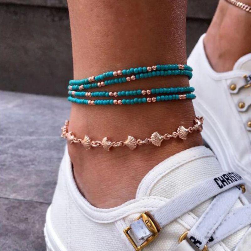 Fussketten Set aus Perlenketten und goldener Muschelkette Just Style Schweiz